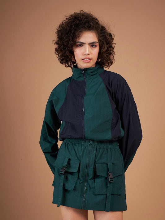 Green ColourBlock Parachute Zipper Jacket-SASSAFRAS