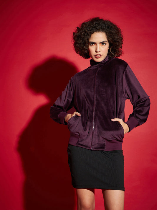 Maroon Velour Zipper Jacket-SASSAFRAS