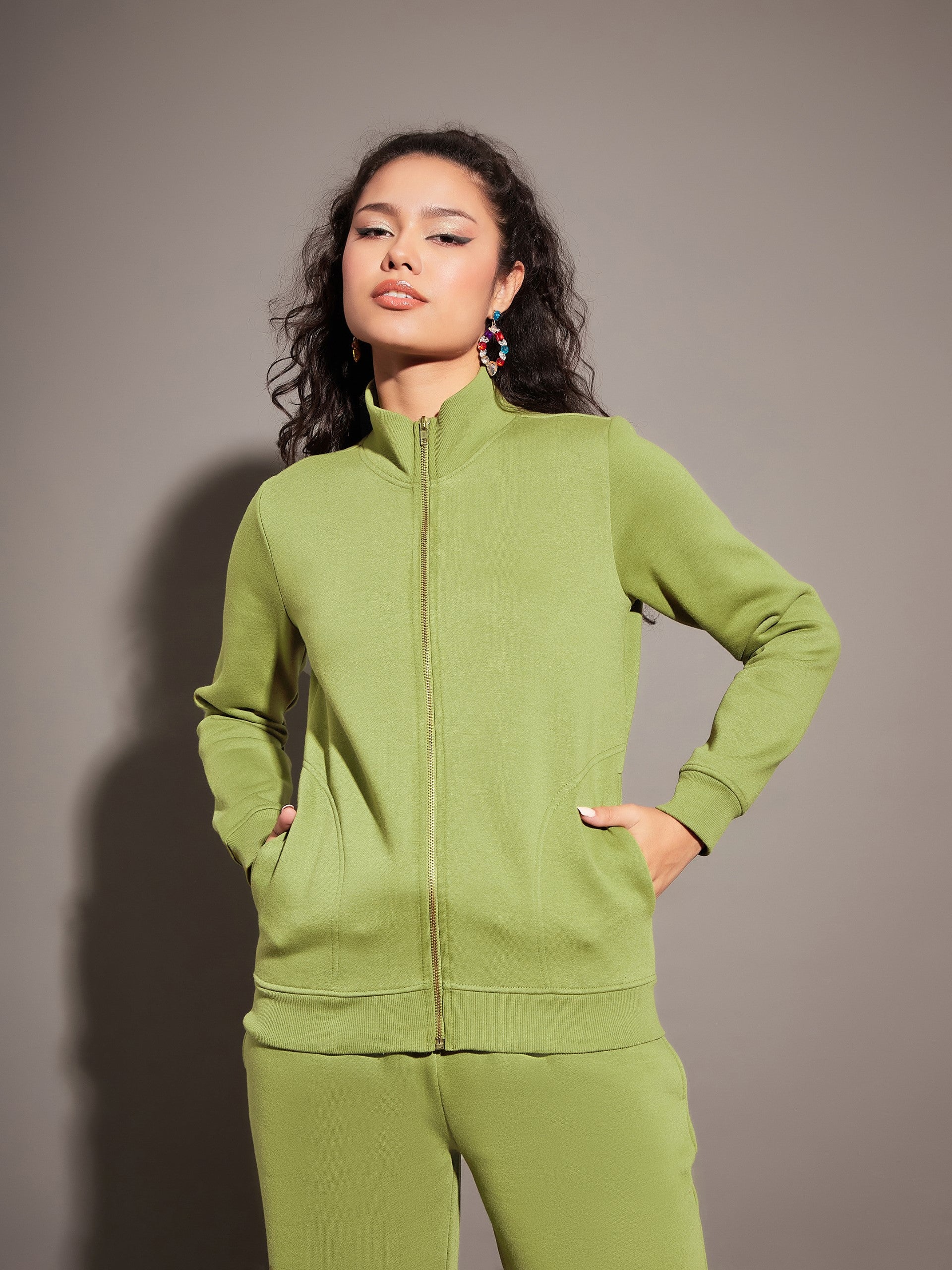 Olive Fleece Zipper Jacket-SASSAFRAS