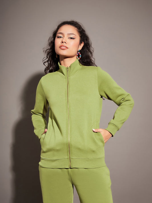 Olive Fleece Zipper Jacket-SASSAFRAS