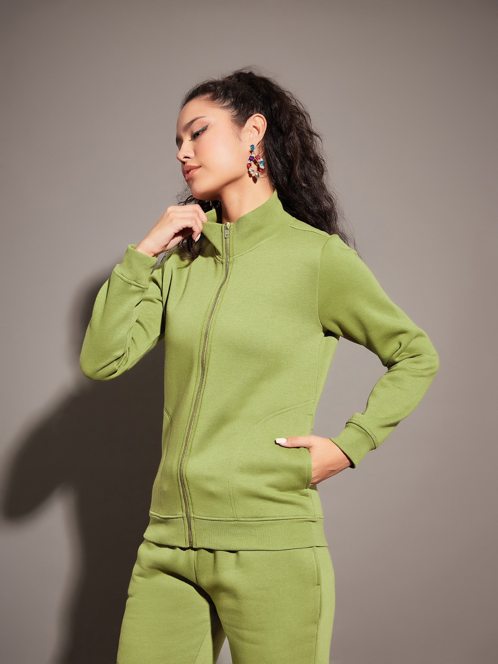 Olive Fleece Zipper Jacket-SASSAFRAS