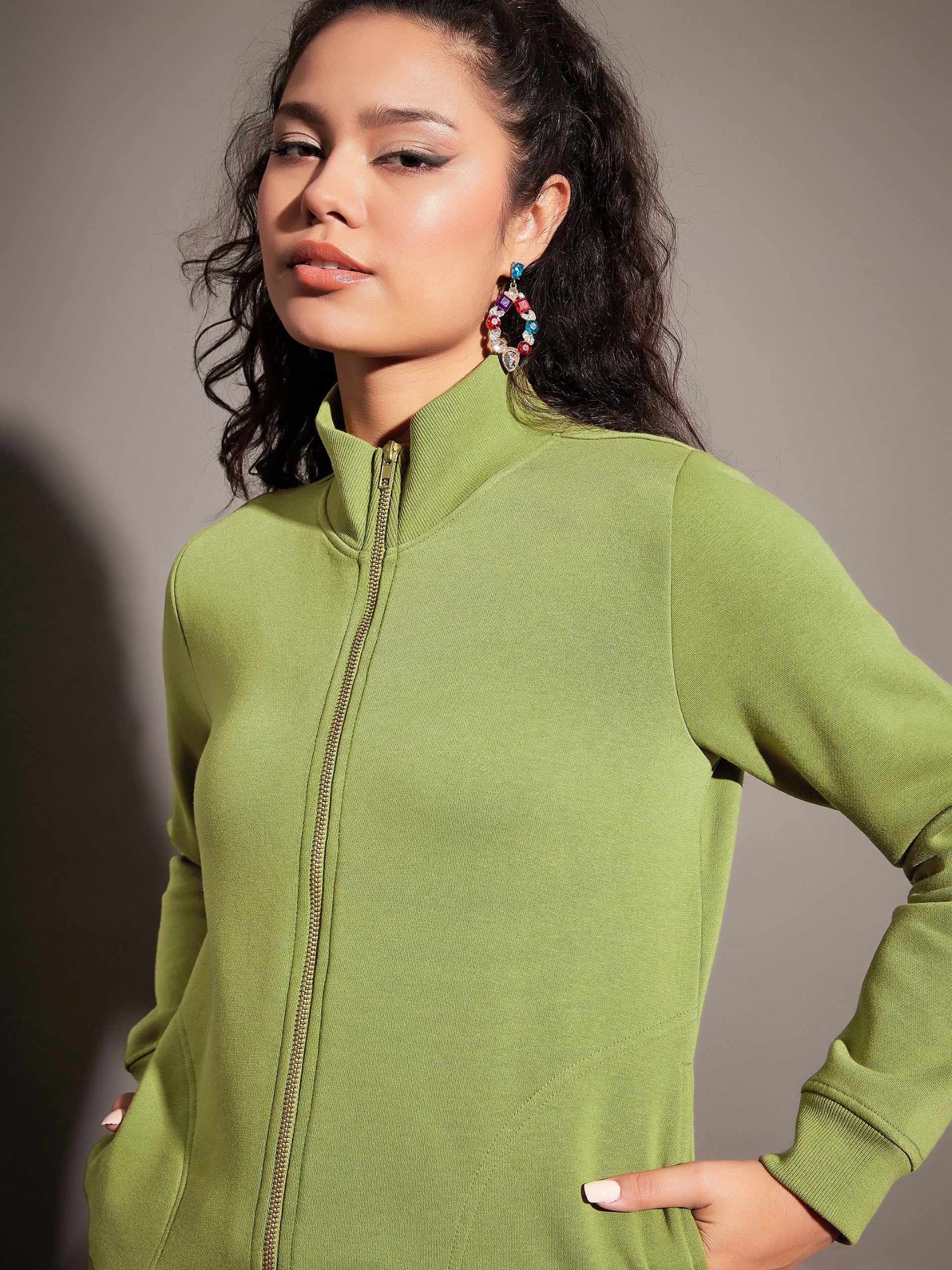 Olive Fleece Zipper Jacket-SASSAFRAS