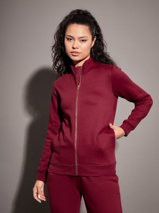 Maroon Fleece Zipper Jacket-SASSAFRAS