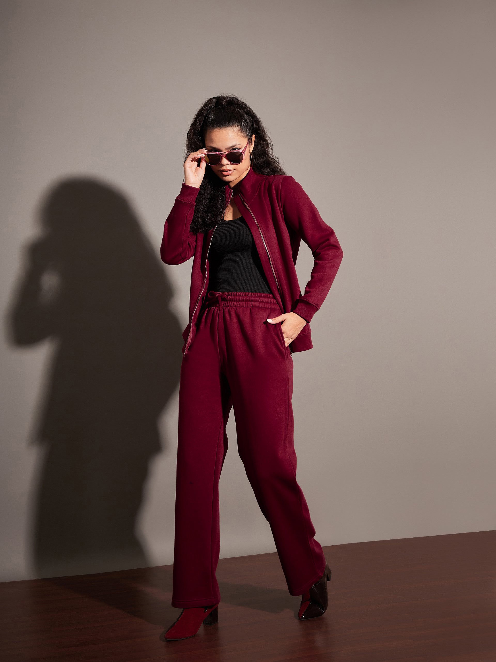 Maroon Fleece Zipper Jacket-SASSAFRAS
