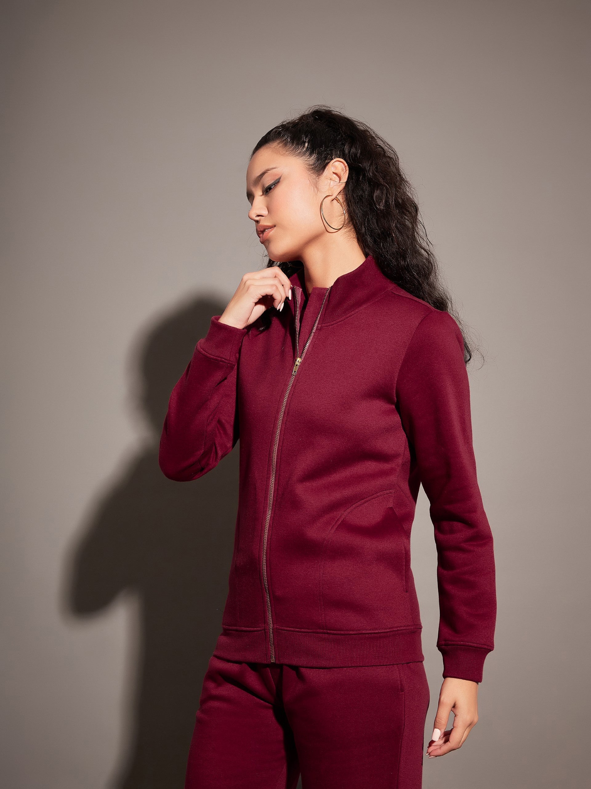 Maroon Fleece Zipper Jacket-SASSAFRAS