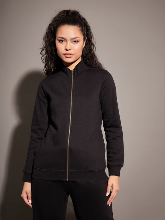Black Fleece Zipper Jacket-SASSAFRAS