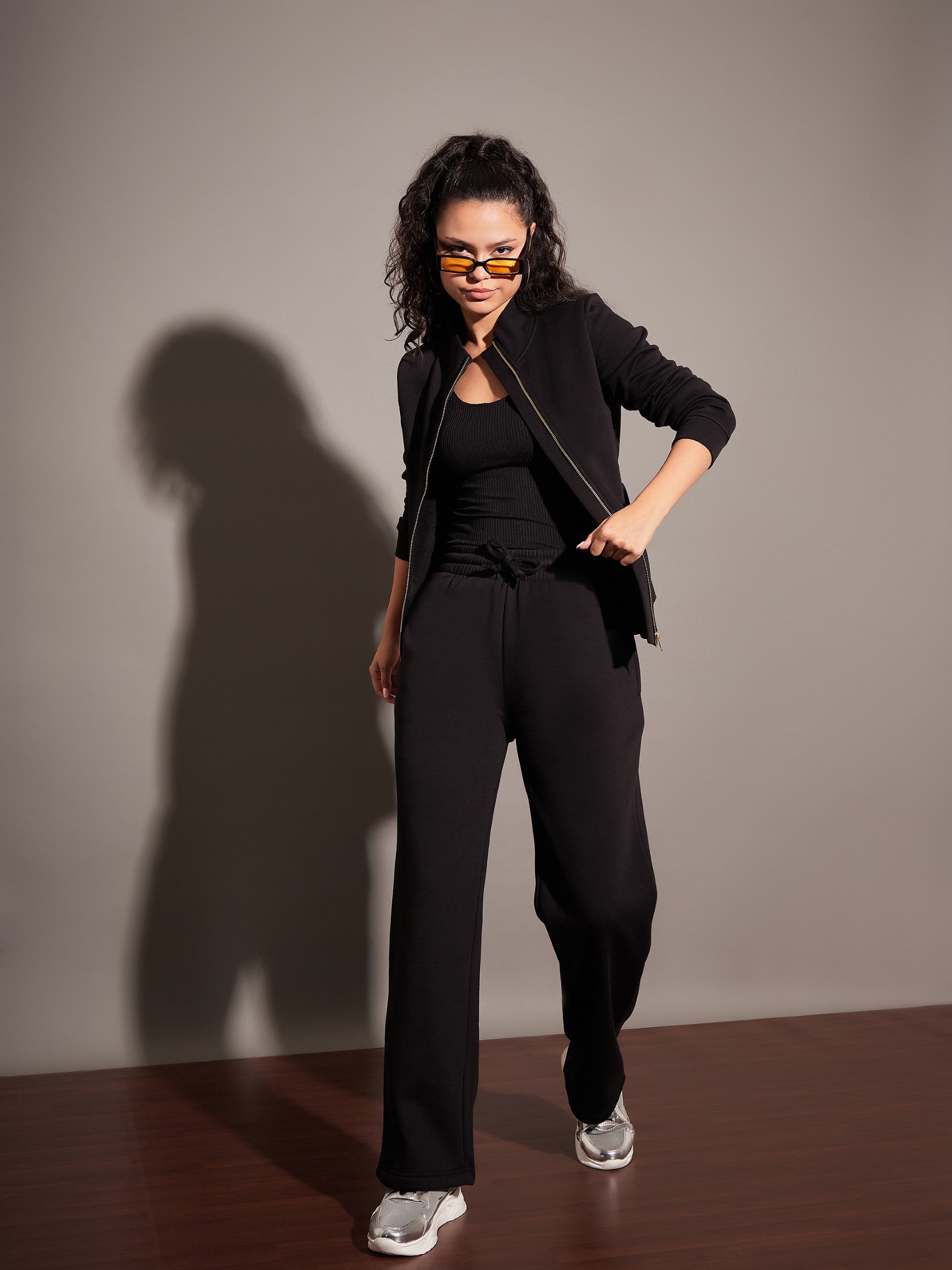 Black Fleece Zipper Jacket-SASSAFRAS