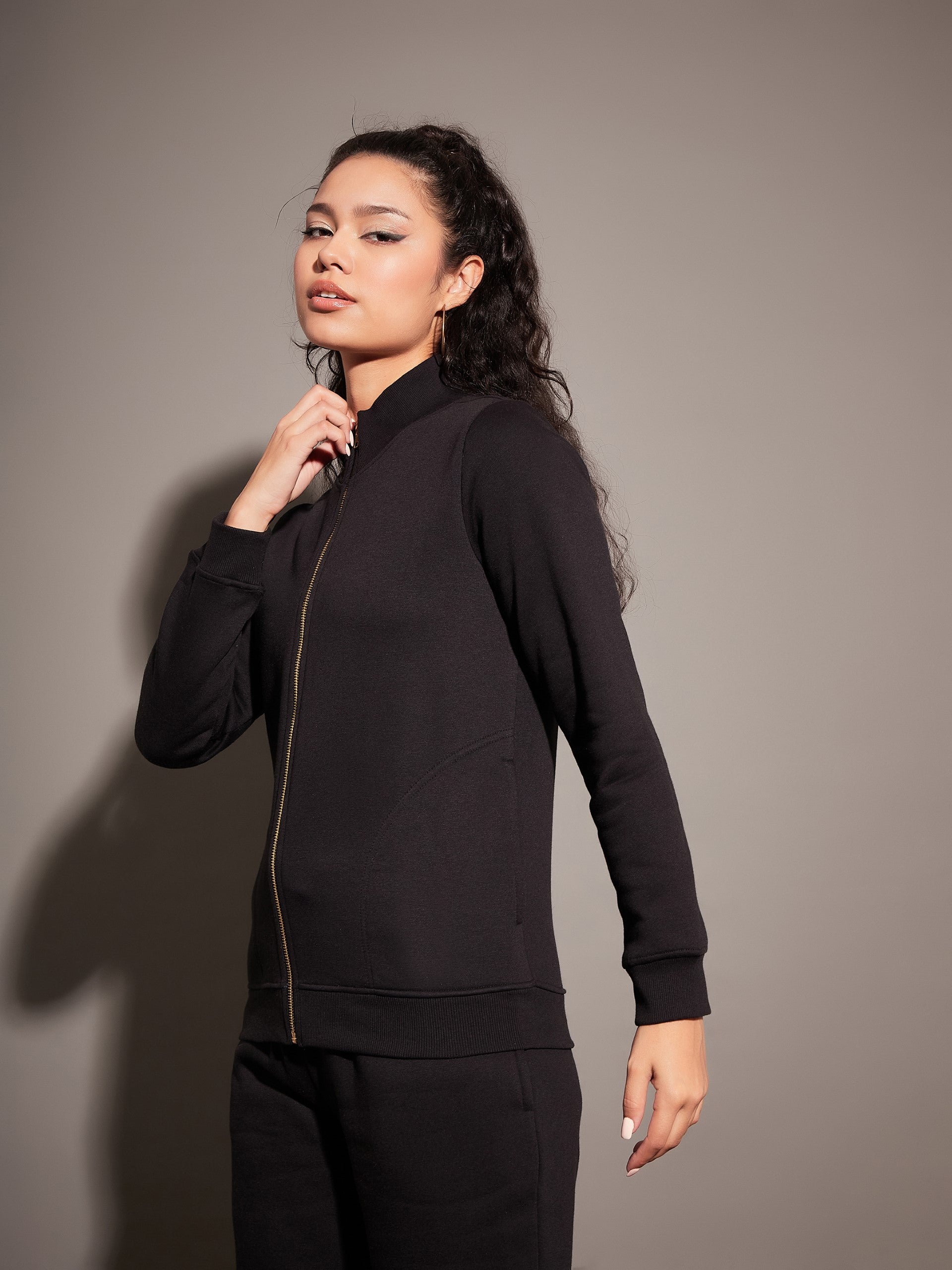 Black Fleece Zipper Jacket-SASSAFRAS
