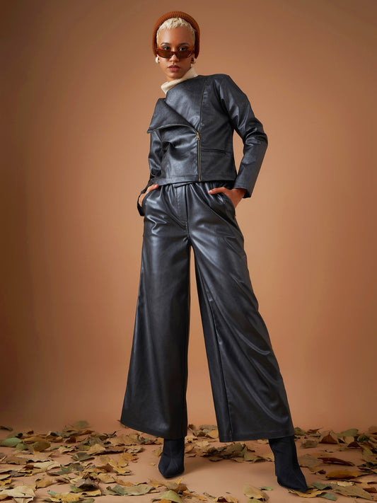 Black PU Biker Jacket-SASSAFRAS