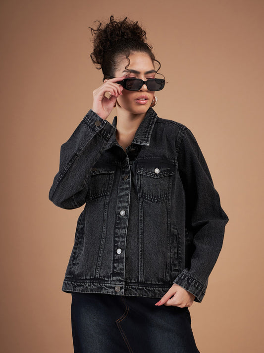 Black Washed Denim Regular Jacket-SASSAFRAS