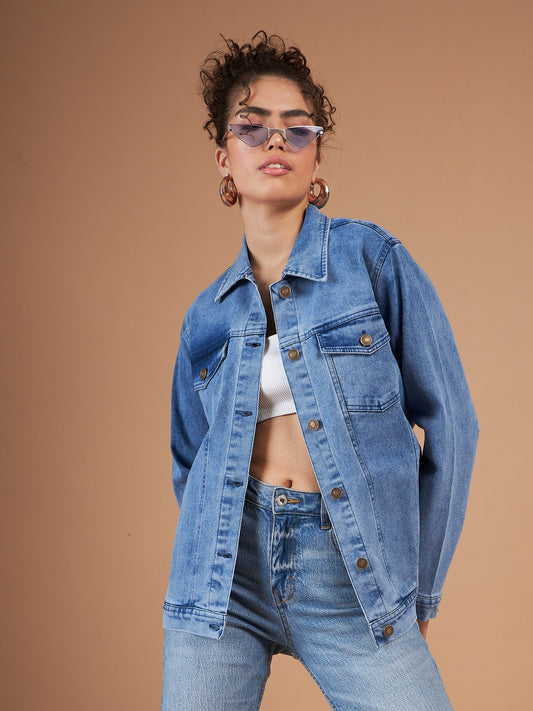 Ice Blue Washed Denim Oversized Jacket-SASSAFRAS