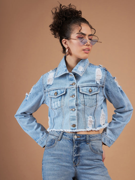 Ice Blue Distressed Denim Crop Jacket-SASSAFRAS