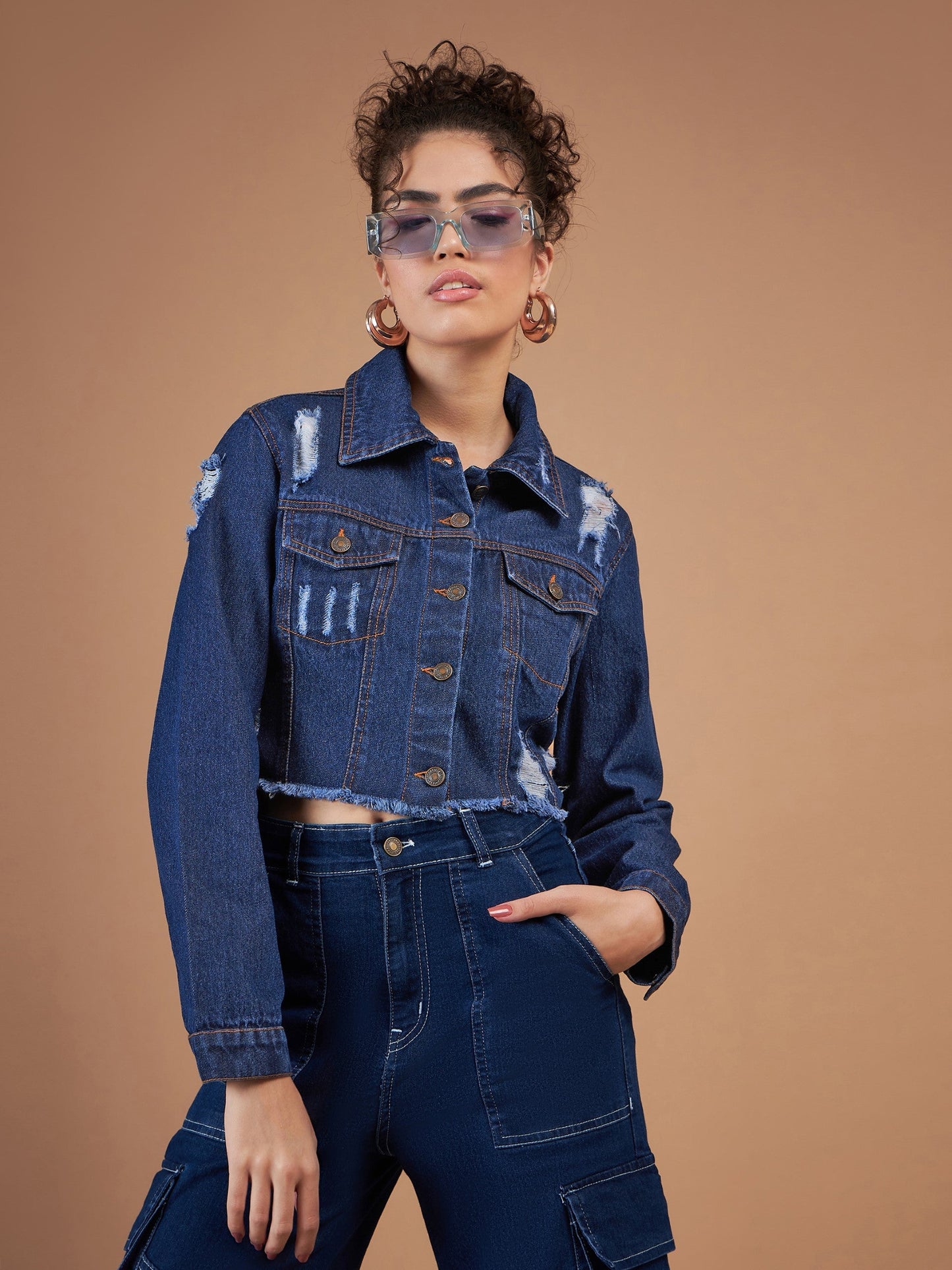 Navy Distressed Denim Crop Jacket-SASSAFRAS