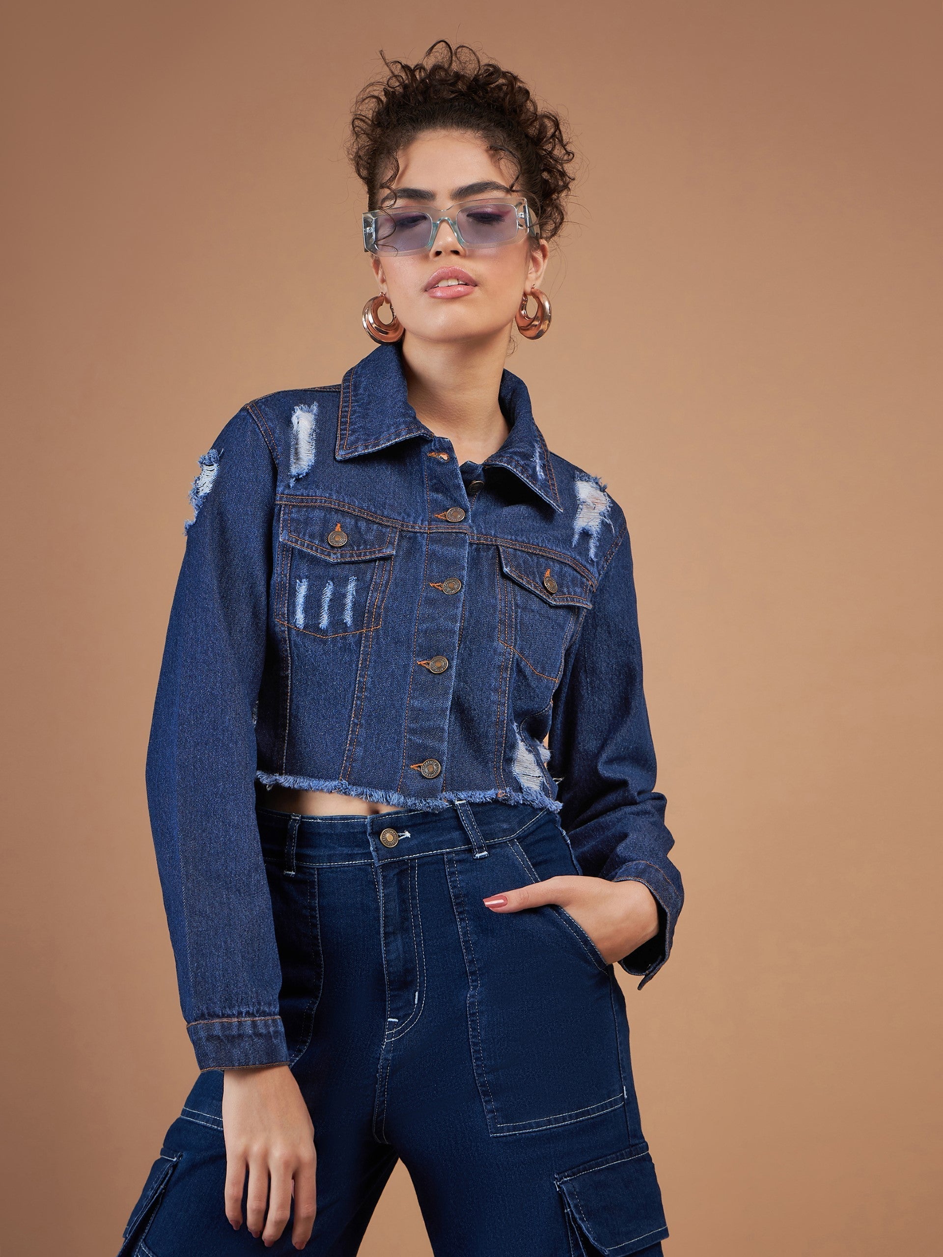 Navy Distressed Denim Crop Jacket-SASSAFRAS