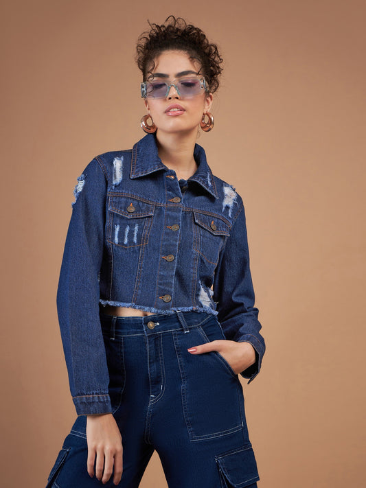 Navy Distressed Denim Crop Jacket-SASSAFRAS