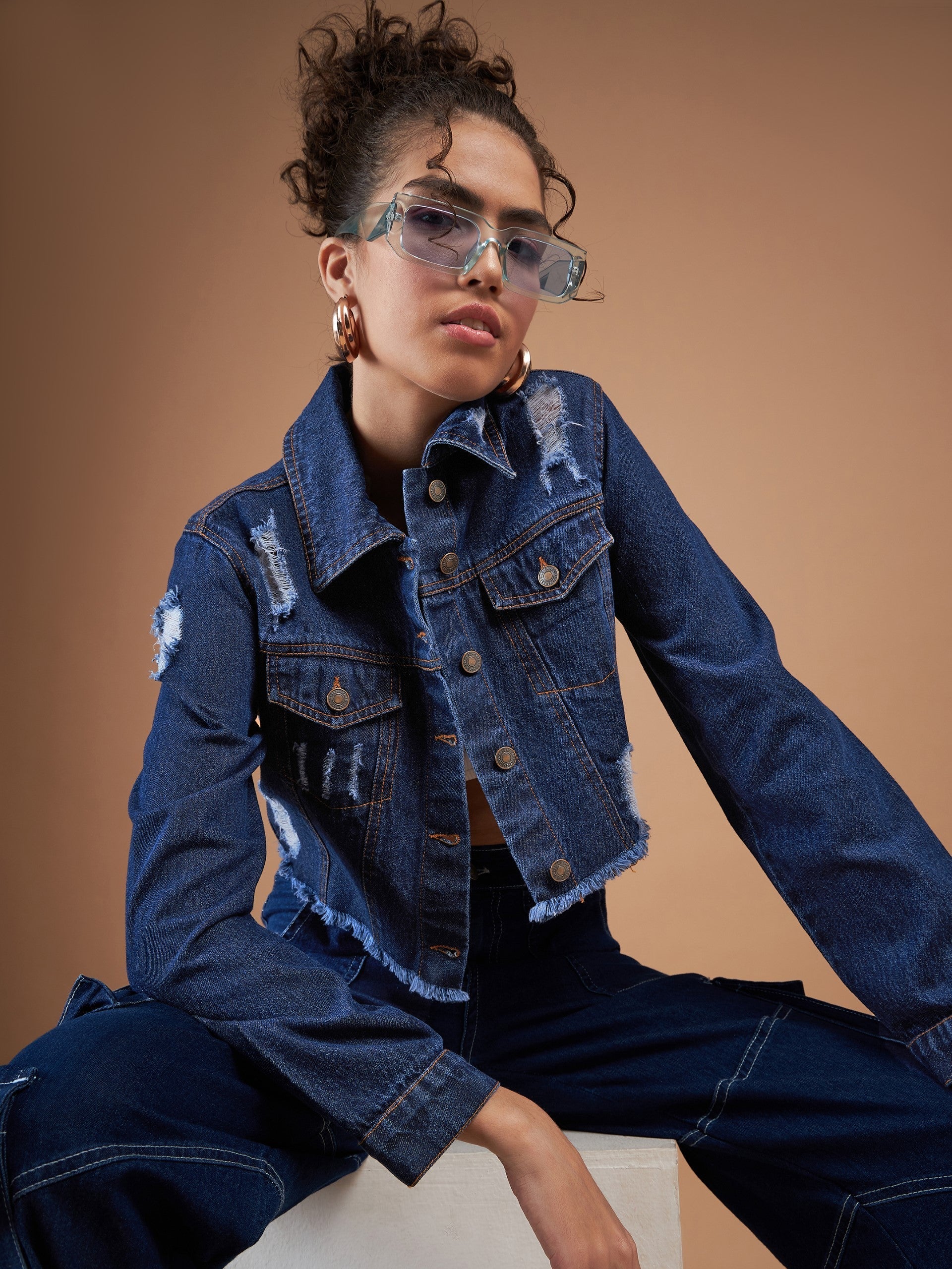 Navy Distressed Denim Crop Jacket-SASSAFRAS