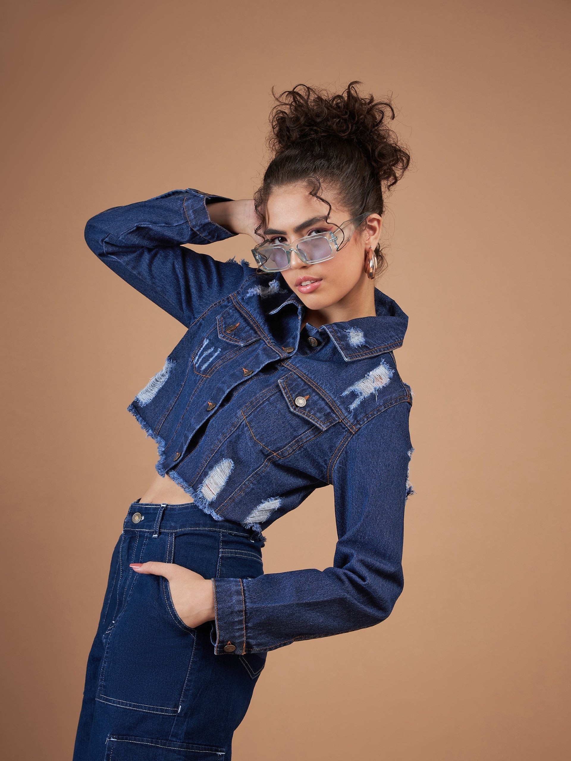 Navy Distressed Denim Crop Jacket-SASSAFRAS