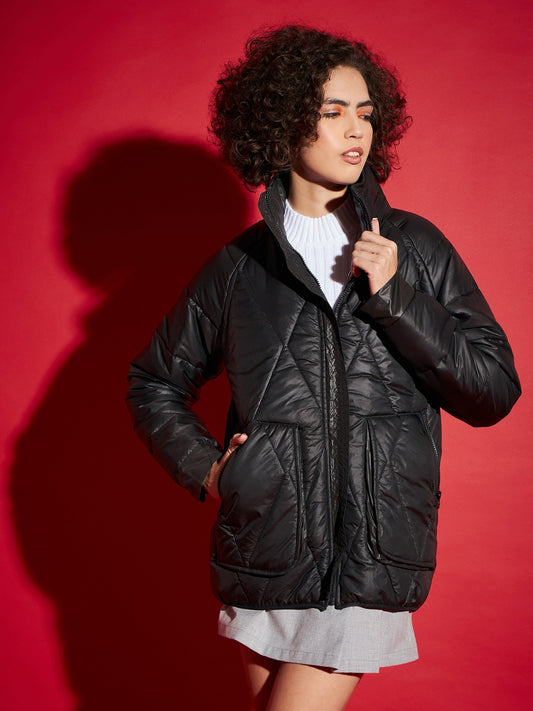 Black High Neck Diamond Quilt Puffer Jacket-SASSAFRAS