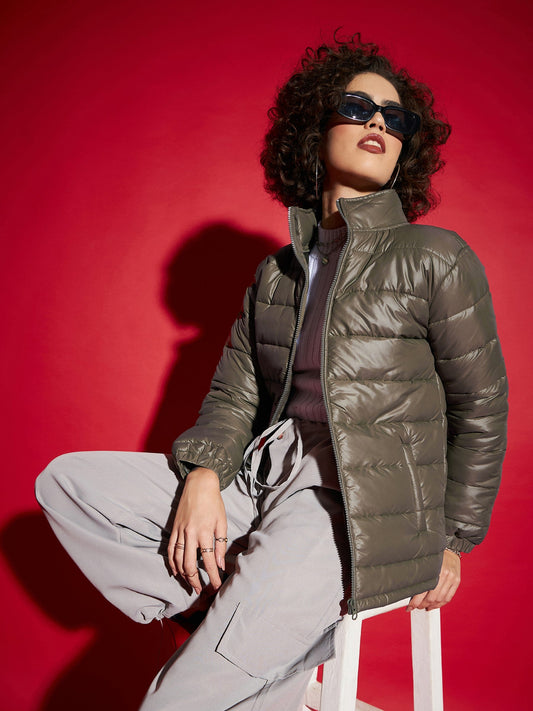 Olive High Neck Horizontal Quilt Puffer Jacket-SASSAFRAS