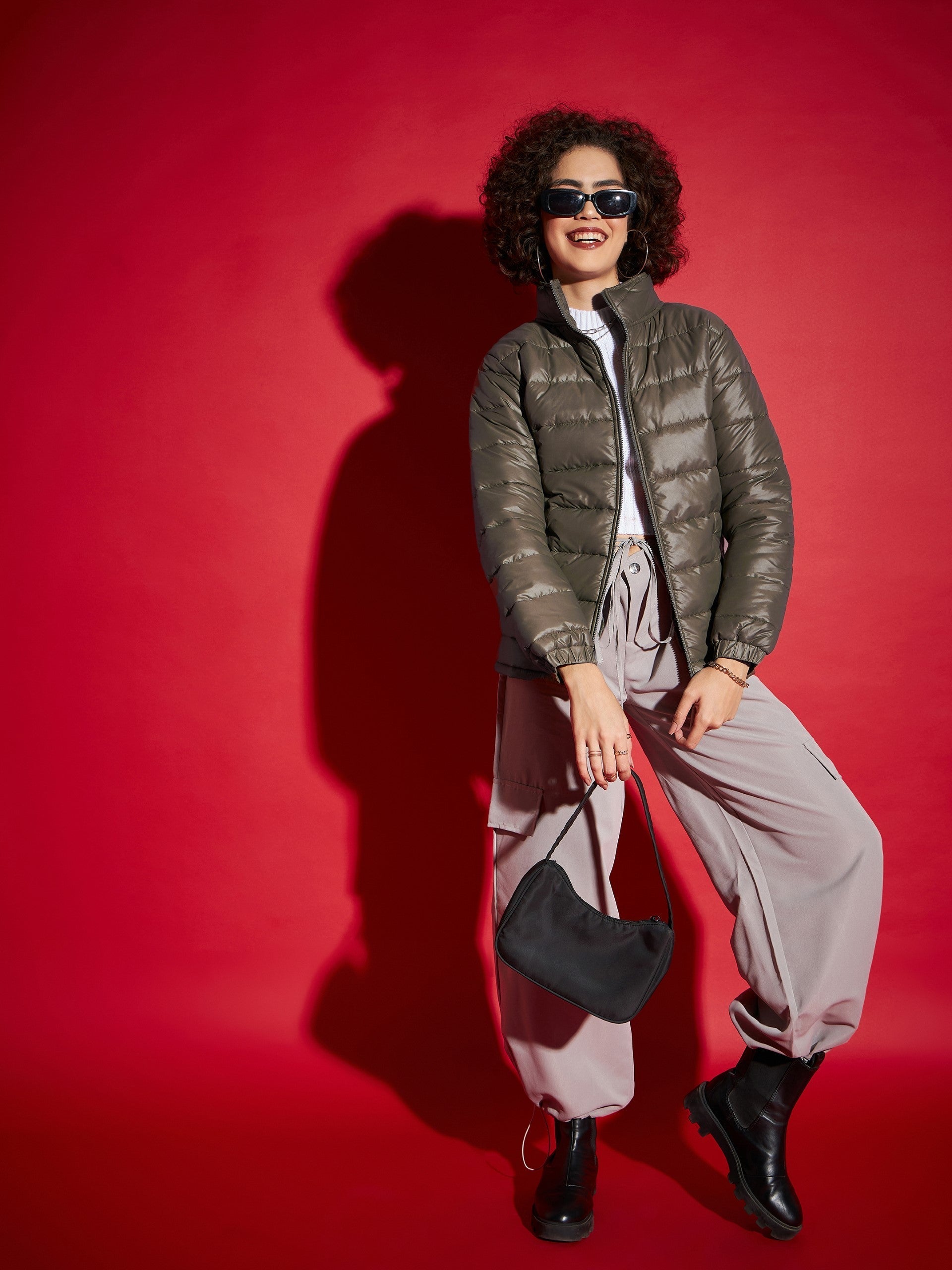 Olive High Neck Horizontal Quilt Puffer Jacket-SASSAFRAS