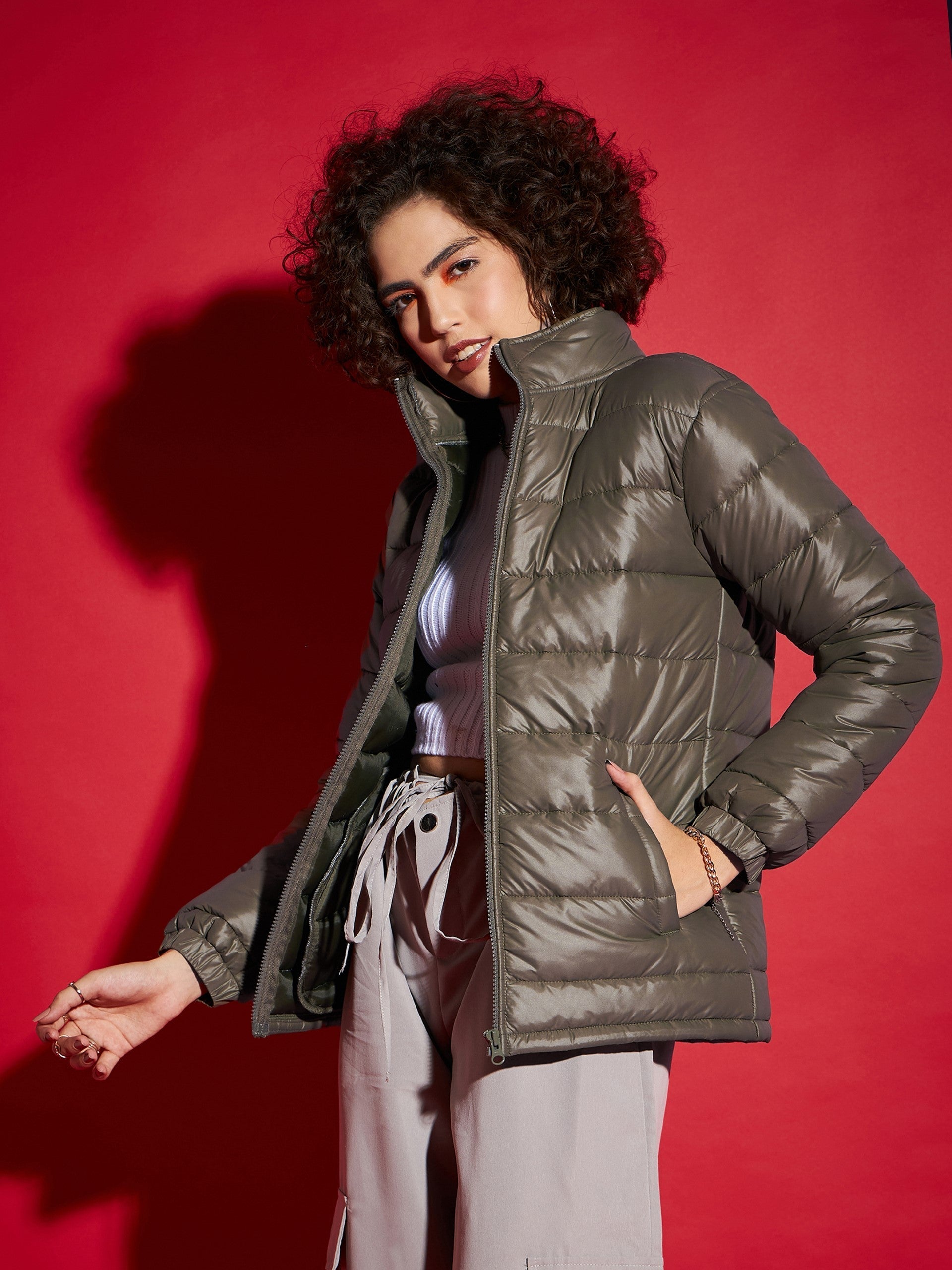 Olive High Neck Horizontal Quilt Puffer Jacket-SASSAFRAS