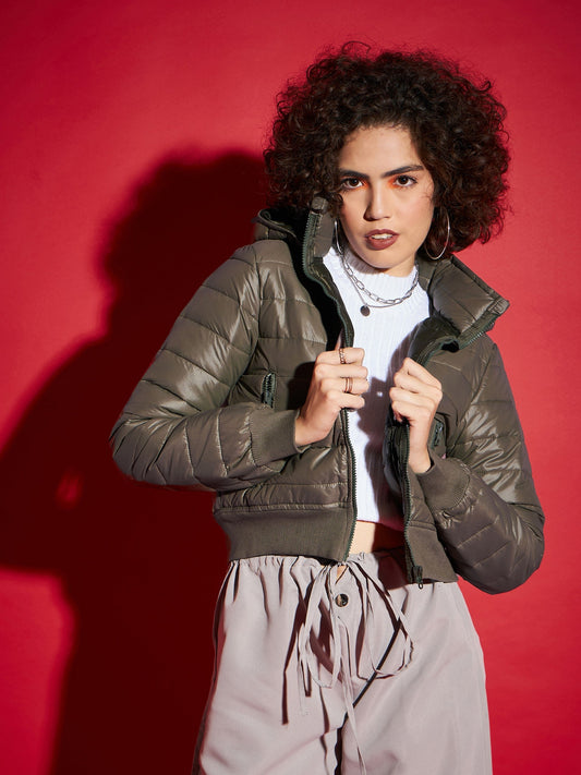 Olive Hooded Crop Bomber Jacket -SASSAFRAS