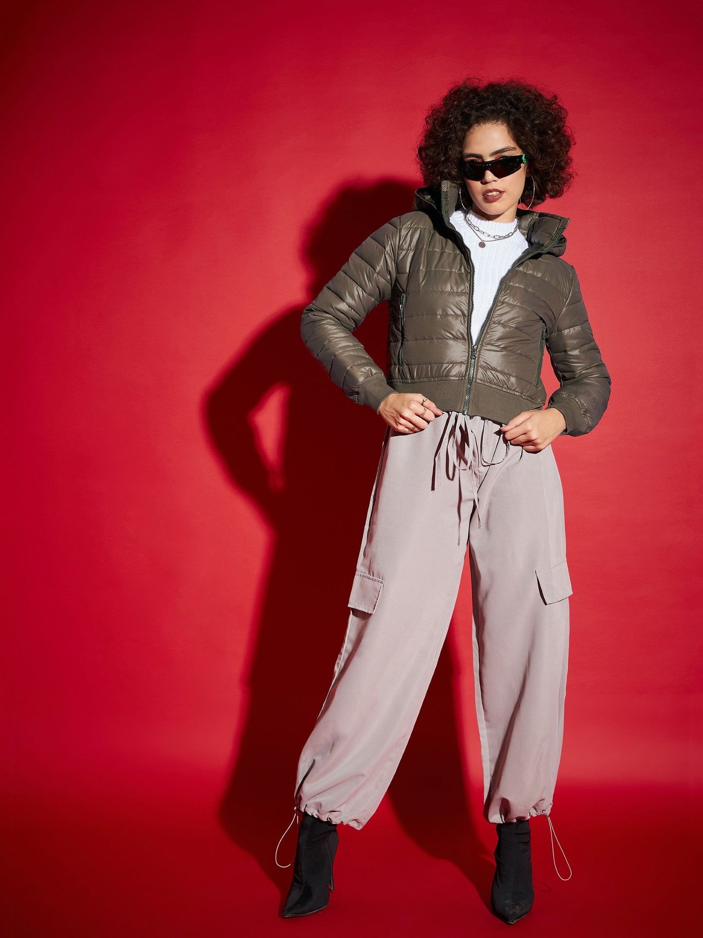 Olive Hooded Crop Bomber Jacket -SASSAFRAS
