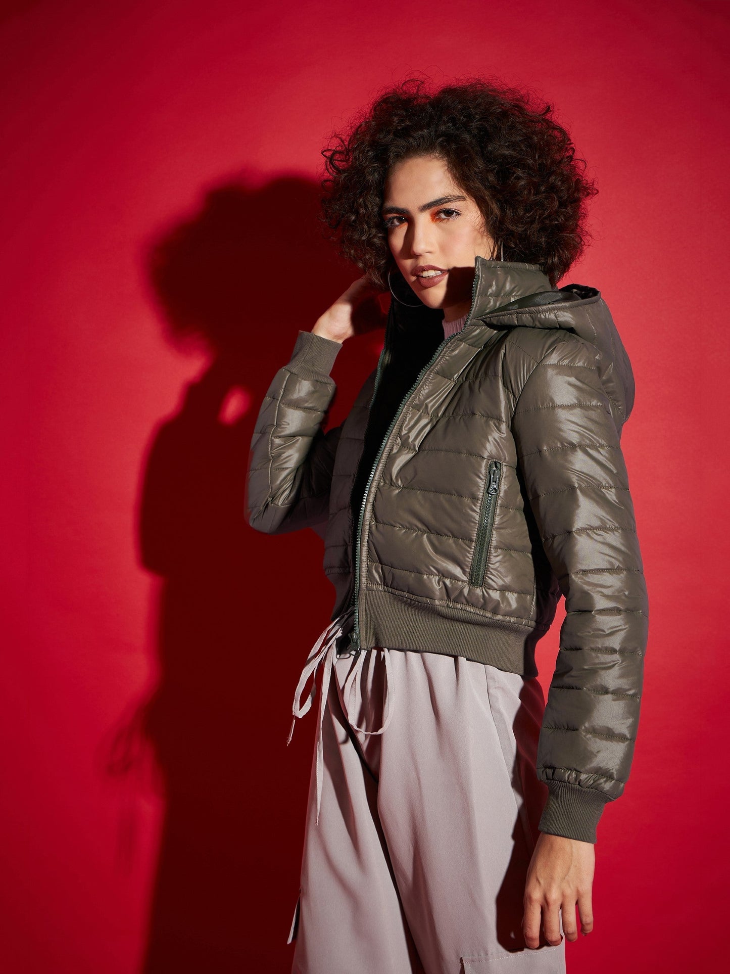 Olive Hooded Crop Bomber Jacket -SASSAFRAS