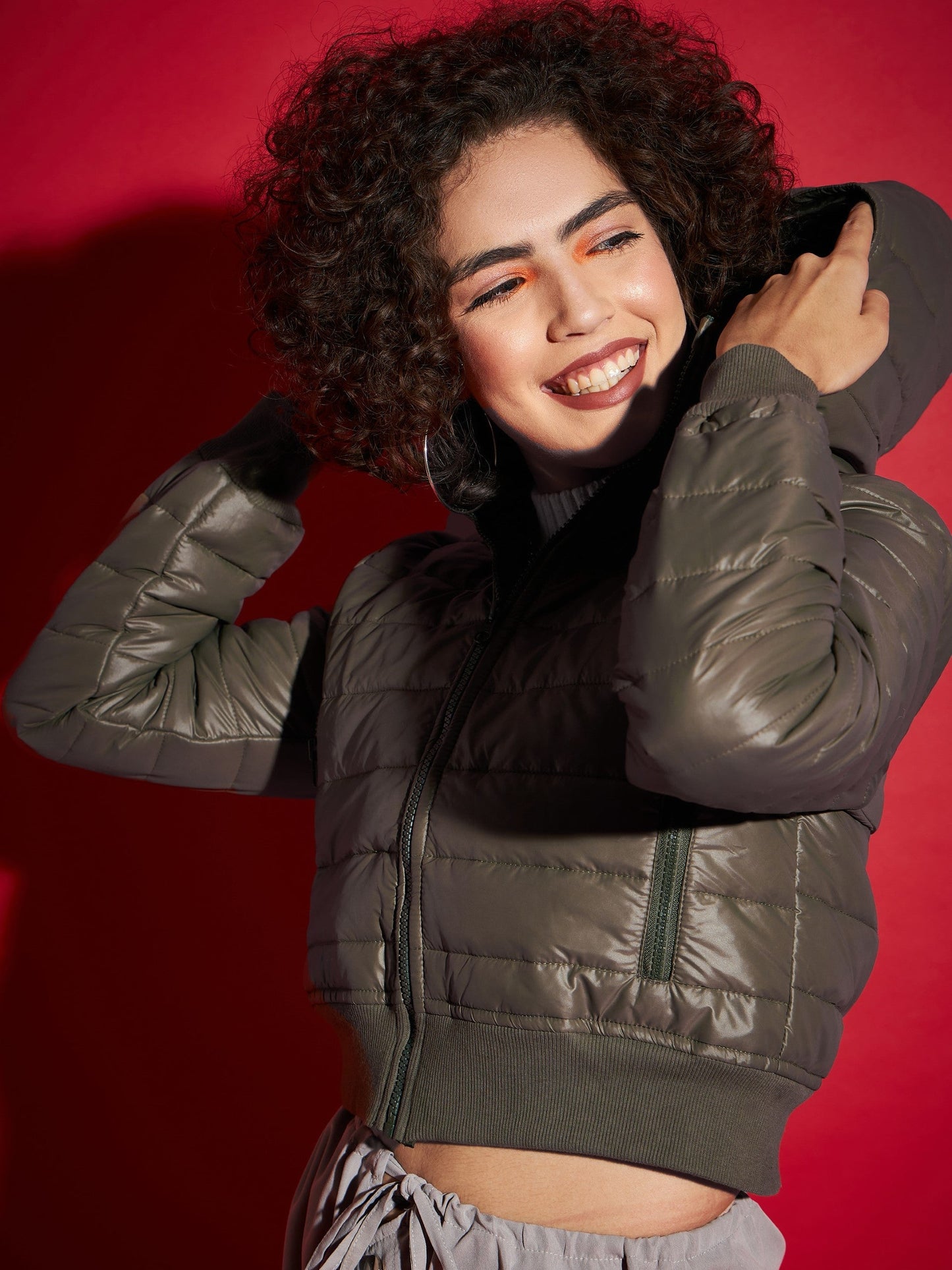 Olive Hooded Crop Bomber Jacket -SASSAFRAS