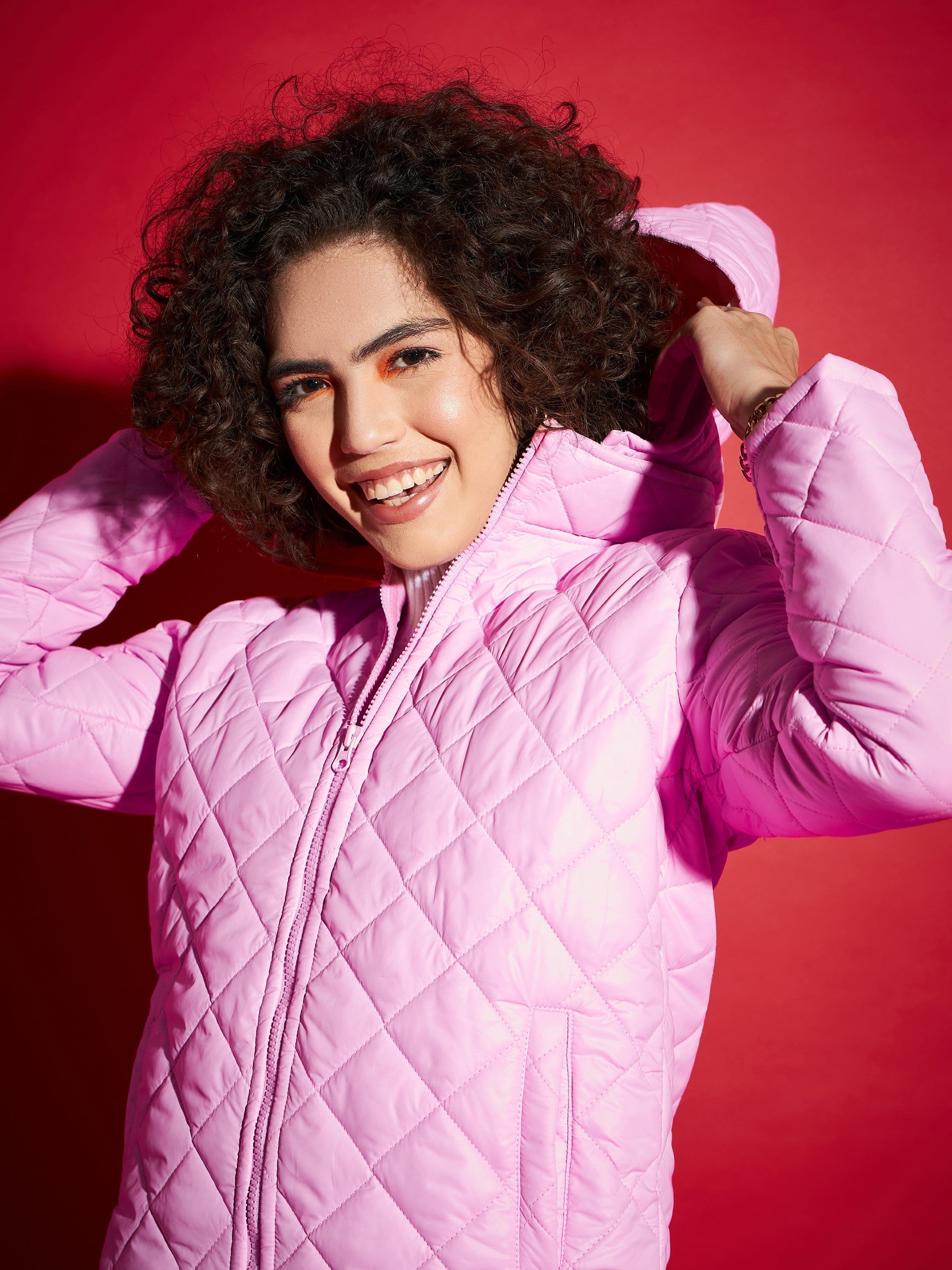 Pink Diamond Quilted Hooded Puffer Jacket-SASSAFRAS