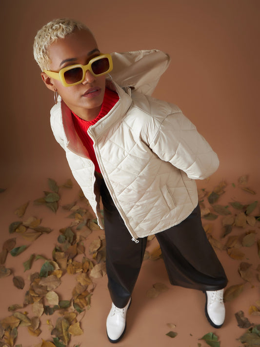 Beige Diamond Quilted Hooded Puffer Jacket-SASSAFRAS