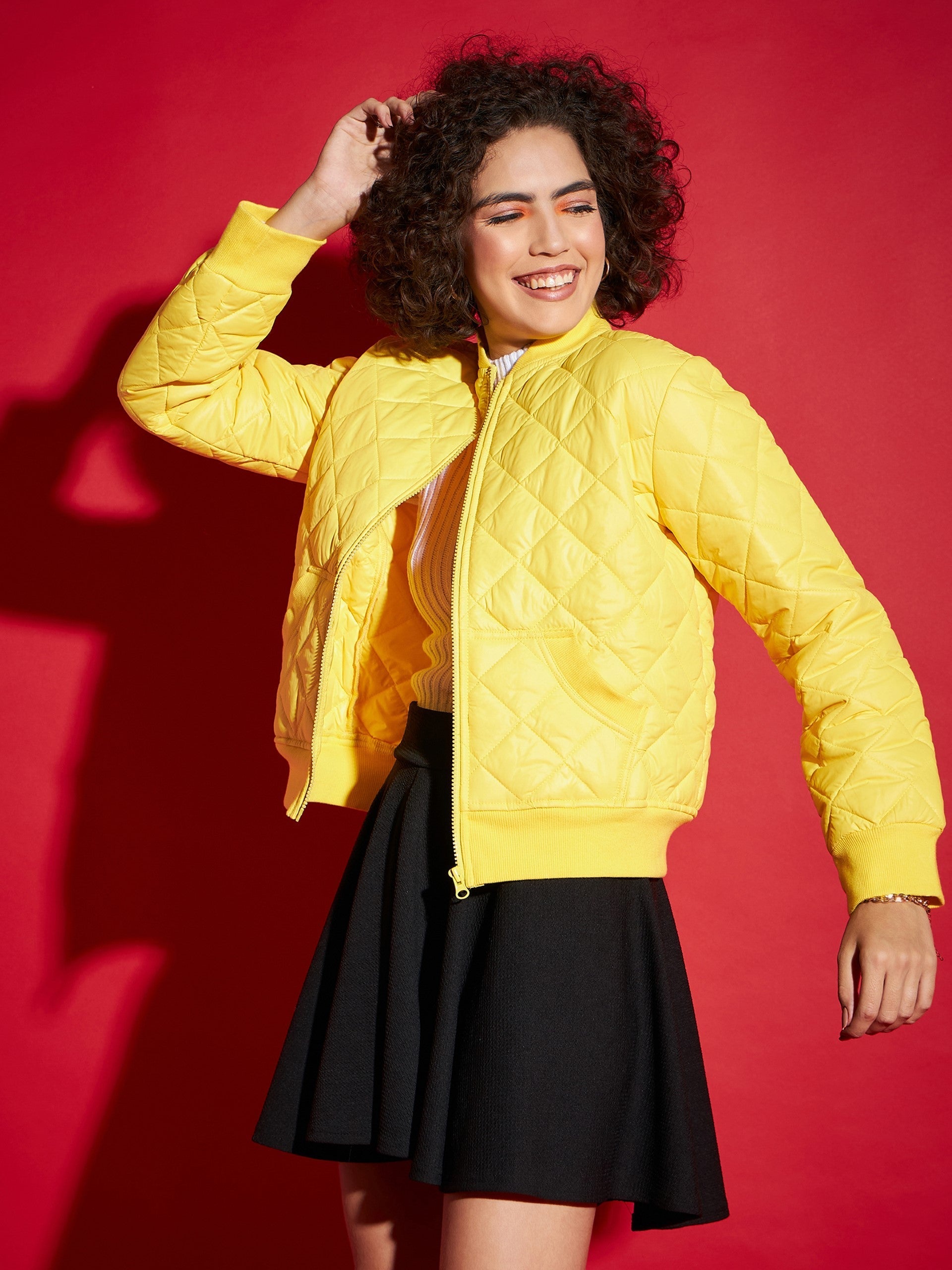 Yellow Diamond Quilted Bomber Jacket-SASSAFRAS