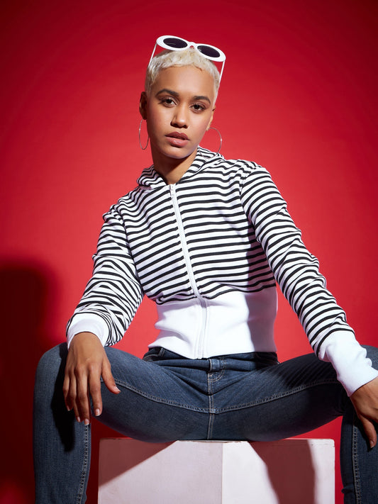 Black & White Striped Fleece Hooded Jacket-SASSAFRAS