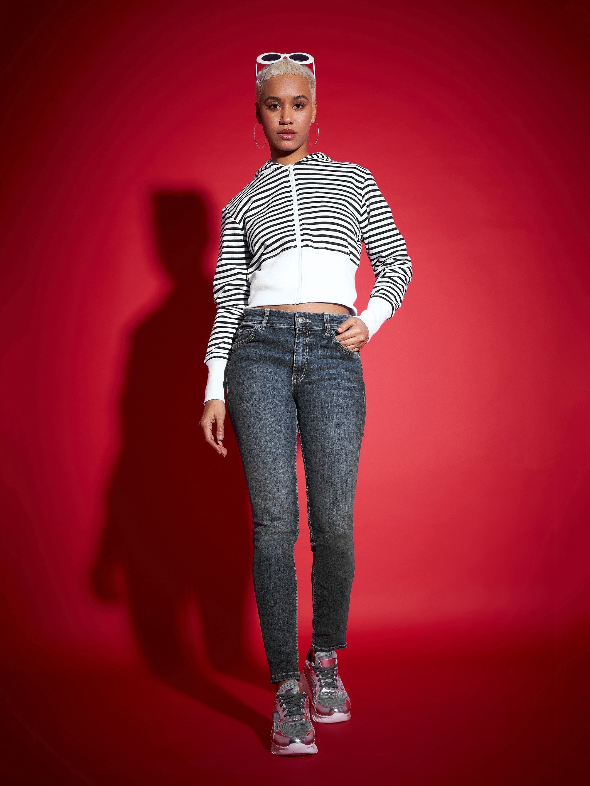 Black & White Striped Fleece Hooded Jacket-SASSAFRAS