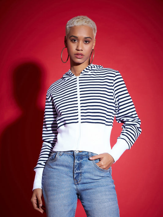 Navy & White Striped Fleece Hooded Jacket-SASSAFRAS