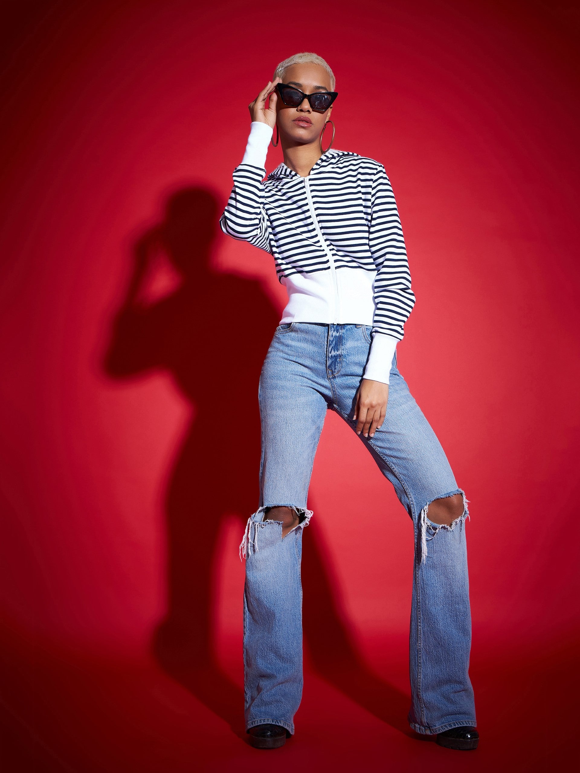 Navy & White Striped Fleece Hooded Jacket-SASSAFRAS