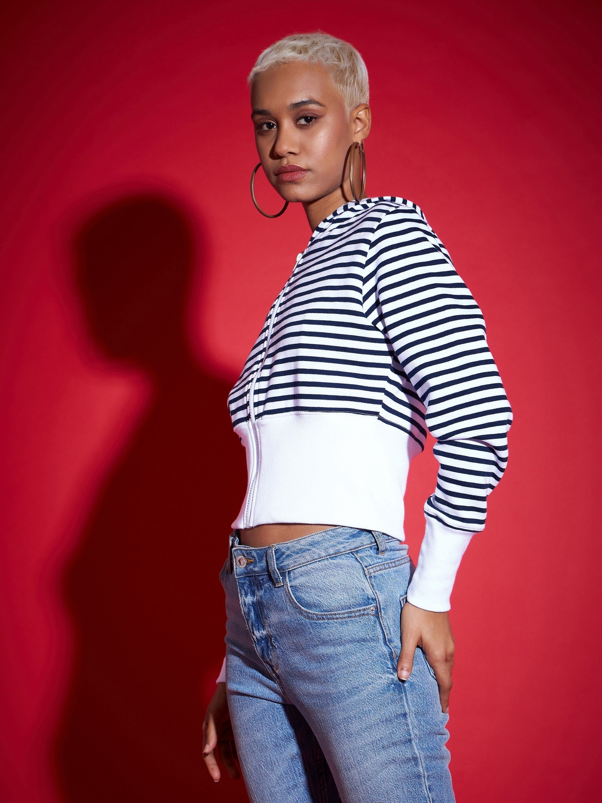 Navy & White Striped Fleece Hooded Jacket-SASSAFRAS