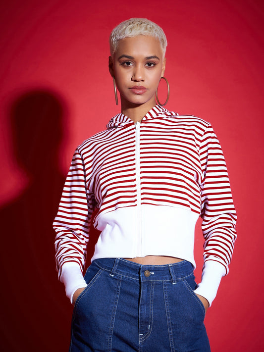 Red & White Striped Fleece Hooded Jacket-SASSAFRAS