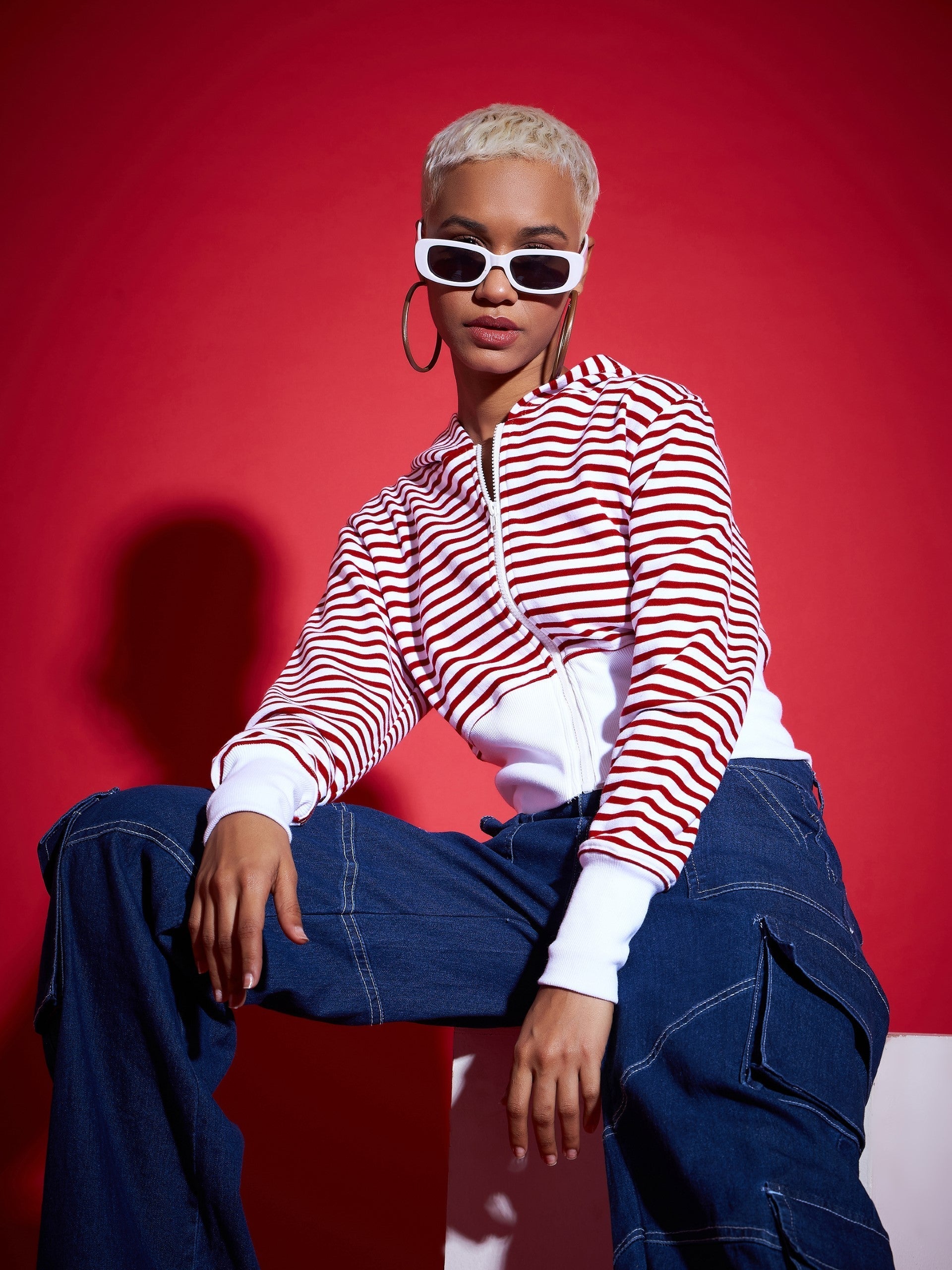 Red & White Striped Fleece Hooded Jacket-SASSAFRAS