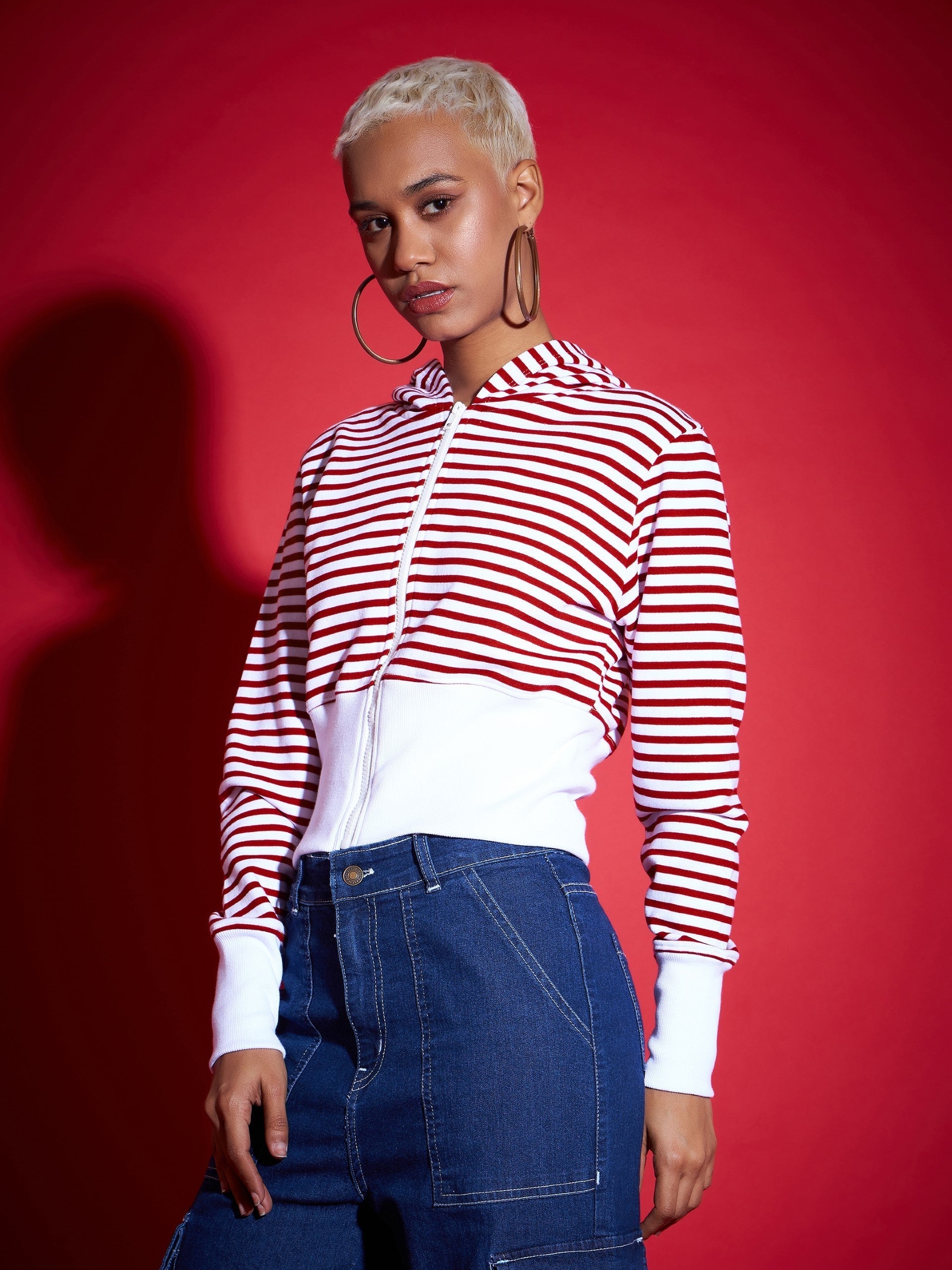 Red & White Striped Fleece Hooded Jacket-SASSAFRAS