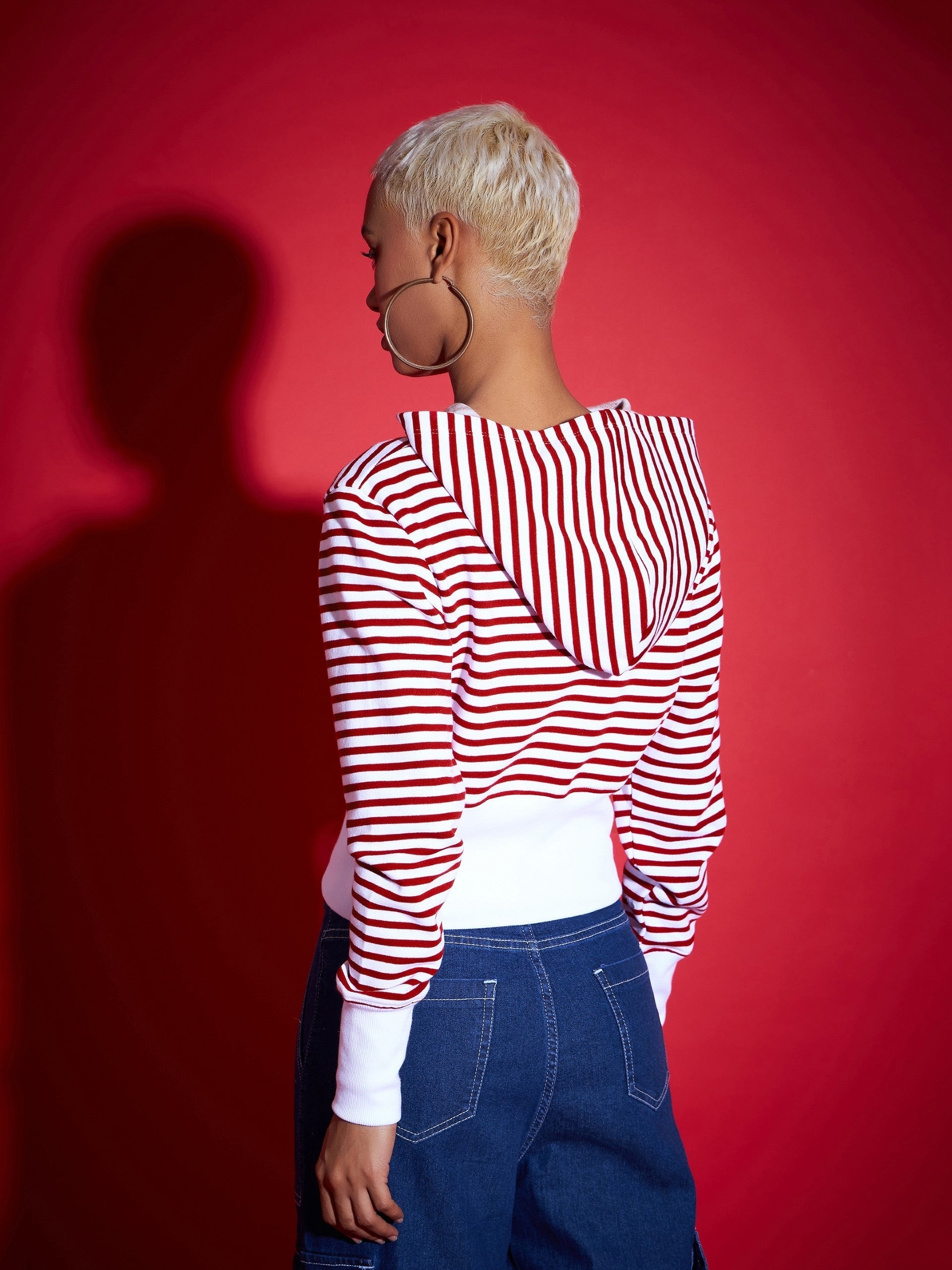 Red & White Striped Fleece Hooded Jacket-SASSAFRAS