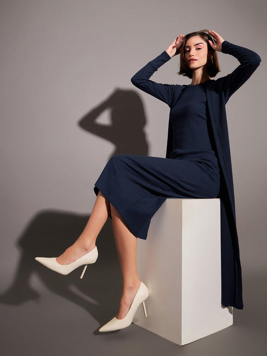 Navy Solid Rib Front Open Shrug-SASSAFRAS