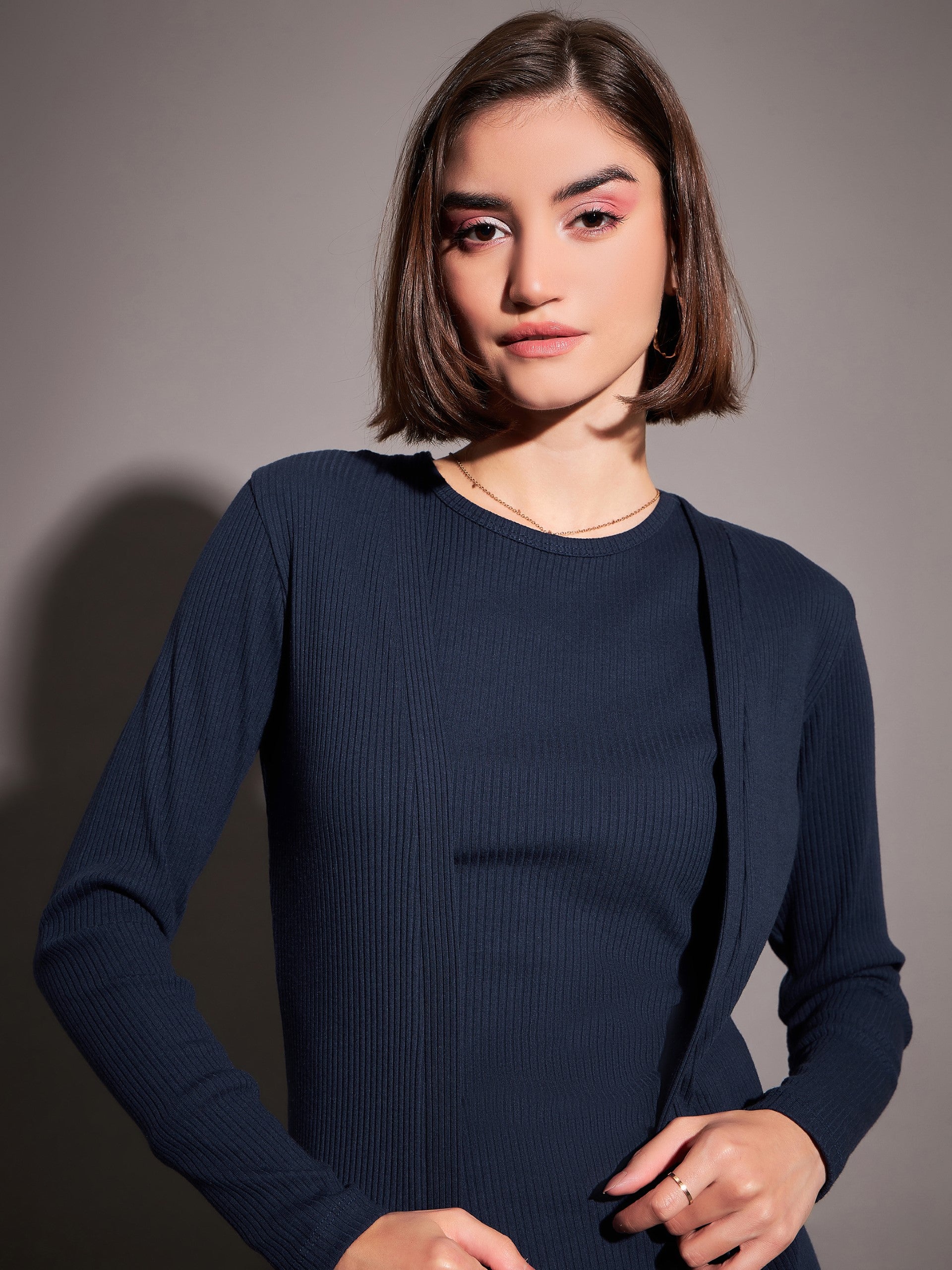 Navy Solid Rib Front Open Shrug-SASSAFRAS