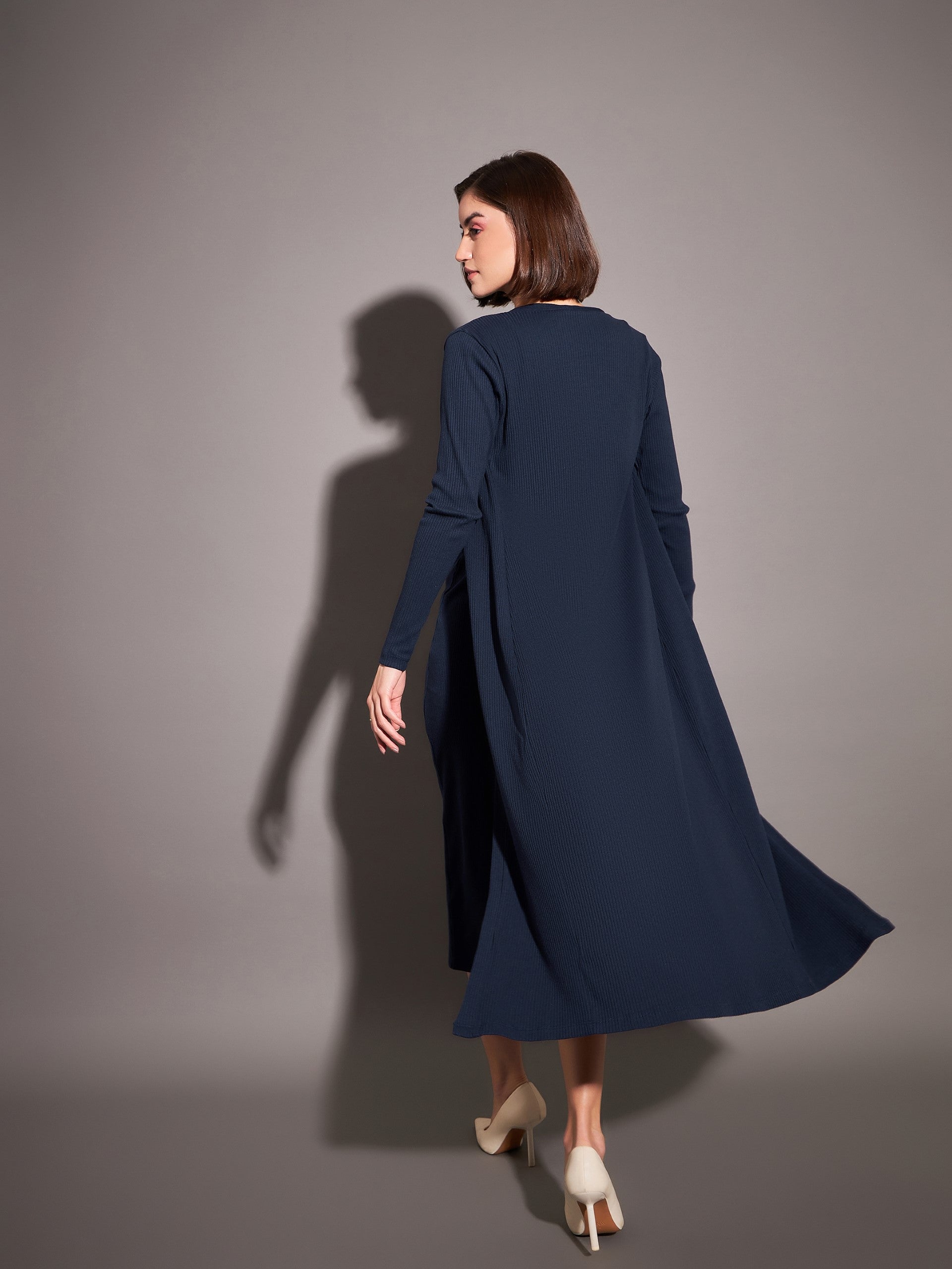 Navy Solid Rib Front Open Shrug-SASSAFRAS
