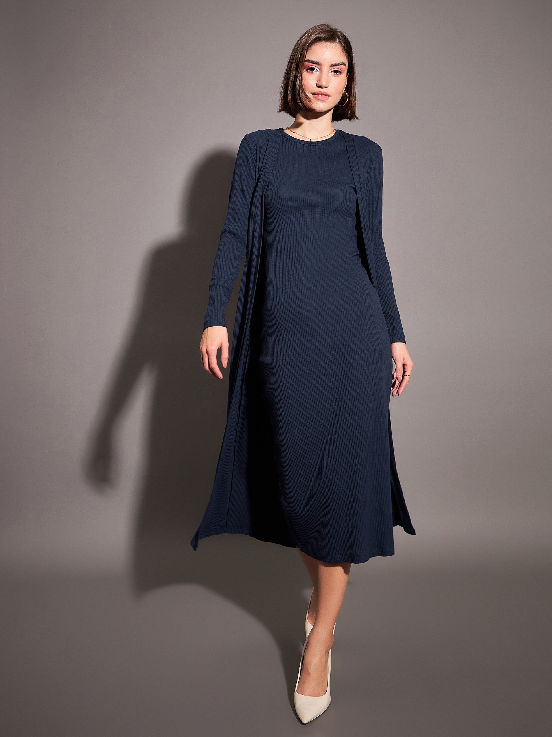 Navy Solid Rib Front Open Shrug-SASSAFRAS