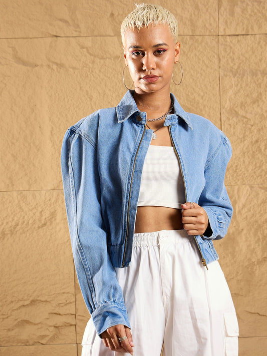 Blue Washed Zipper Biker Crop Jacket-SASSAFRAS