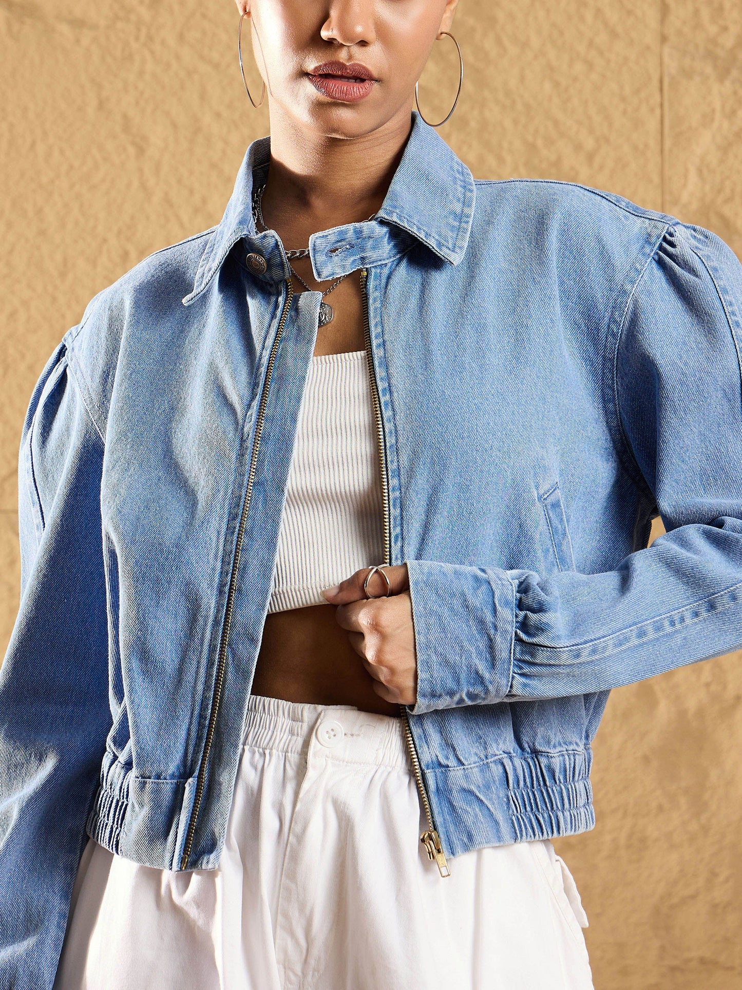 Blue Washed Zipper Biker Crop Jacket-SASSAFRAS