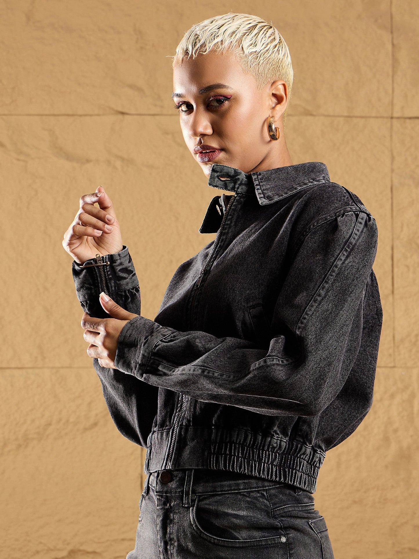 Black Washed Zipper Biker Crop Jacket-SASSAFRAS