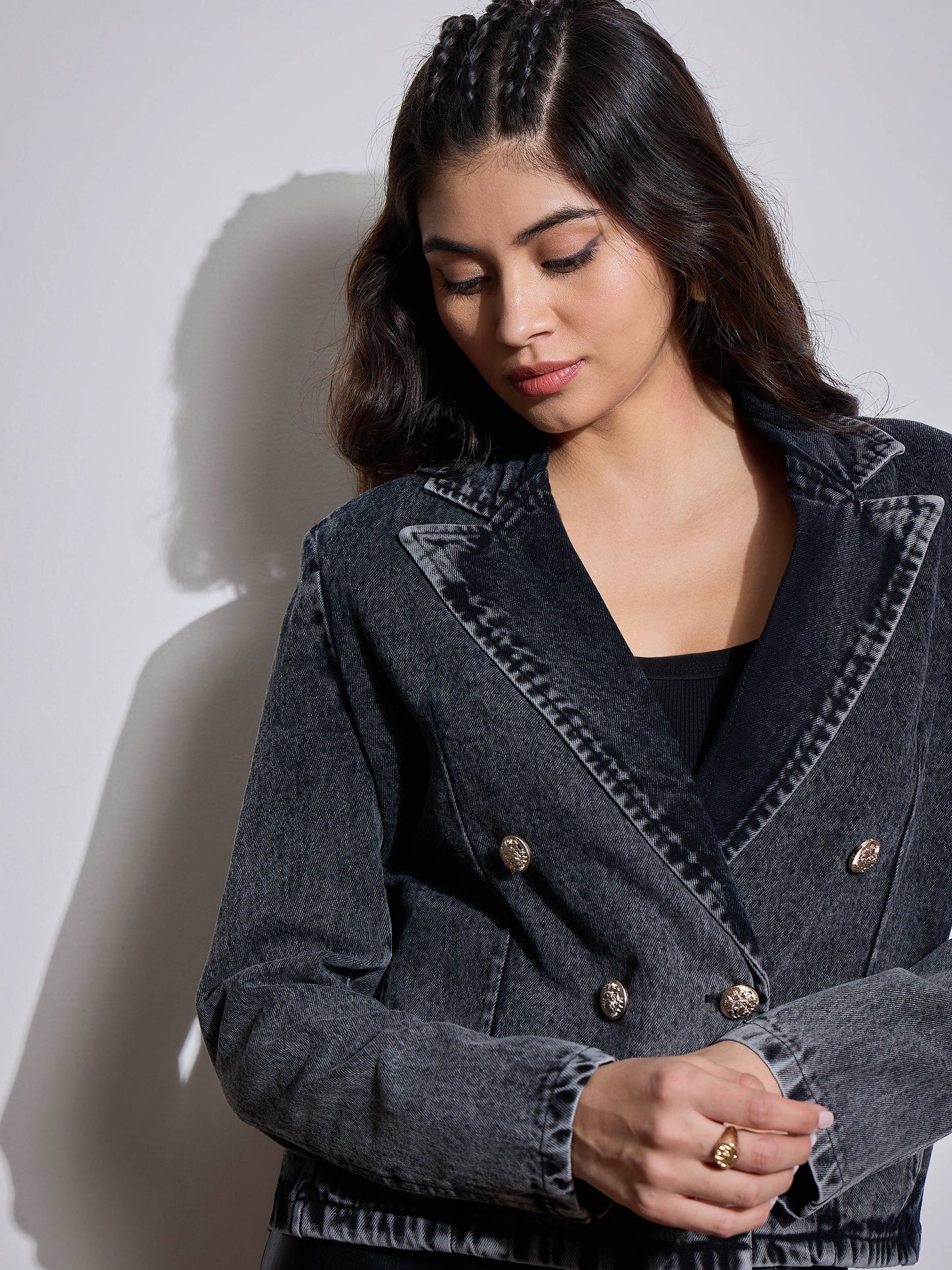 Black Denim Front Button Notch Collar Crop Blazer-SASSAFRAS