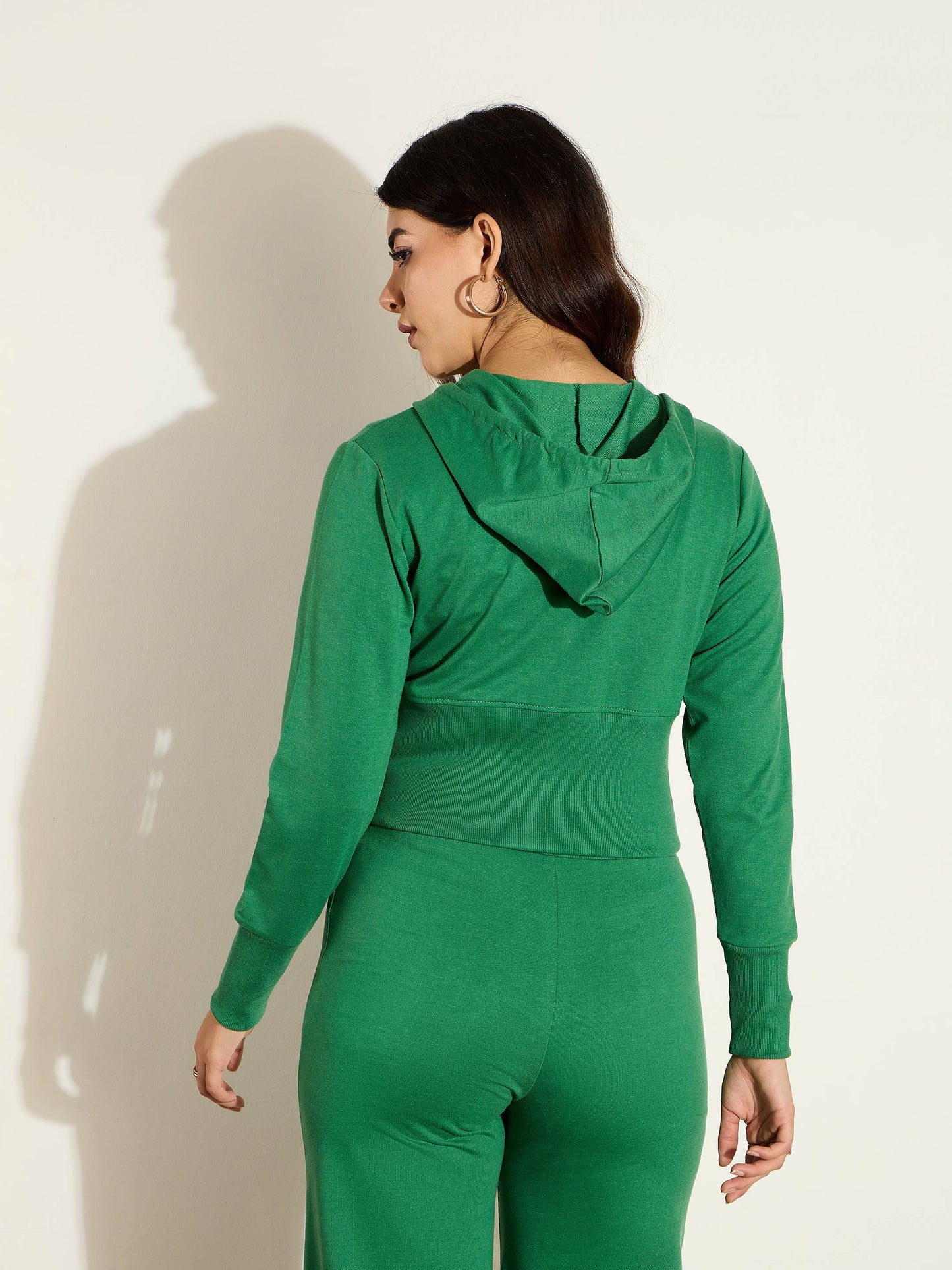 Green Terry Front Zipper Crop Jacket-SASSAFRAS